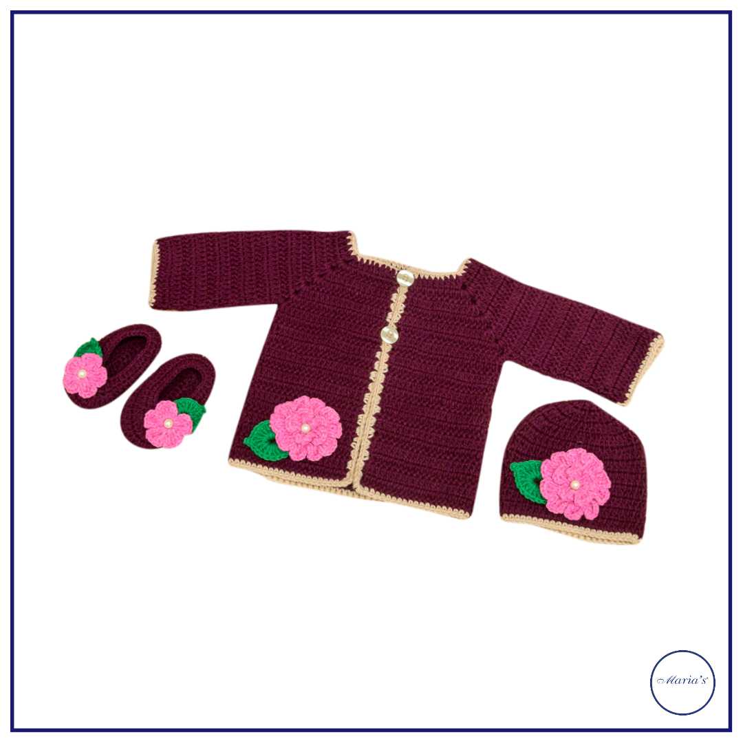 Embroidered Baby Sweater with Cap And Booties