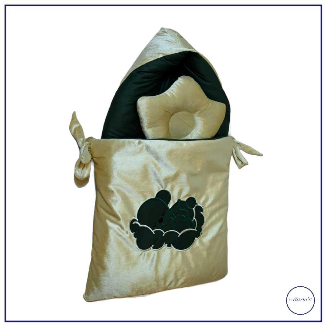 Velvet Hooded Carry Nest with Plain Cotton Satin With Teddy Bear Applique And Pillow