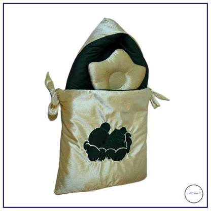 Velvet Hooded Carry Nest with Plain Cotton Satin With Teddy Bear Applique And Pillow