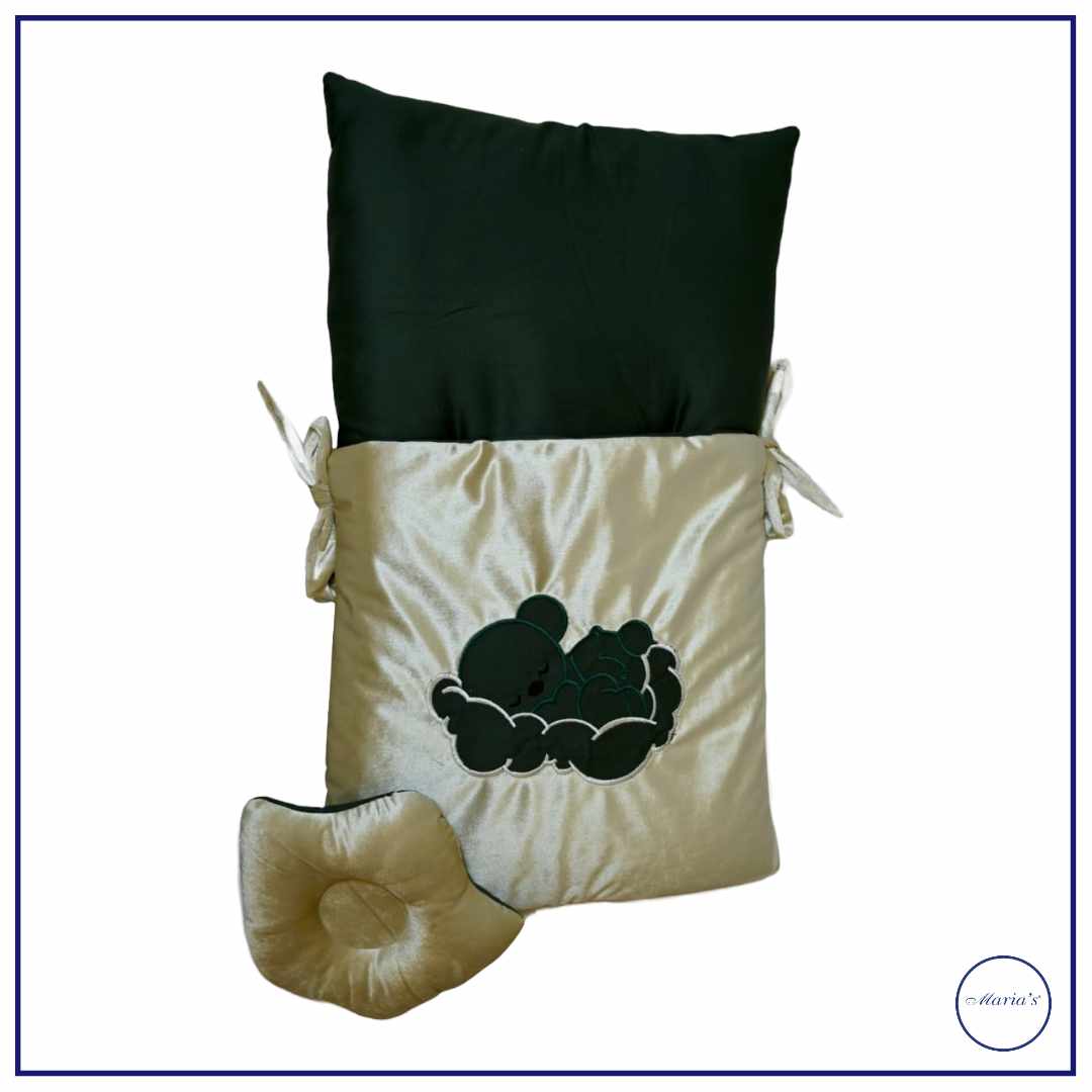 Velvet Hooded Carry Nest with Plain Cotton Satin With Teddy Bear Applique And Pillow