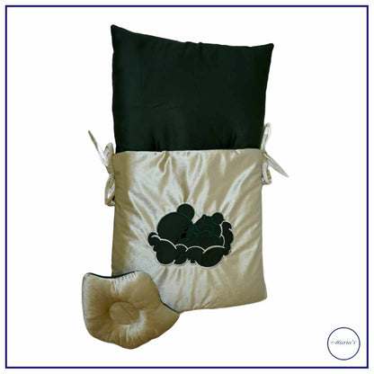 Velvet Hooded Carry Nest with Plain Cotton Satin With Teddy Bear Applique And Pillow