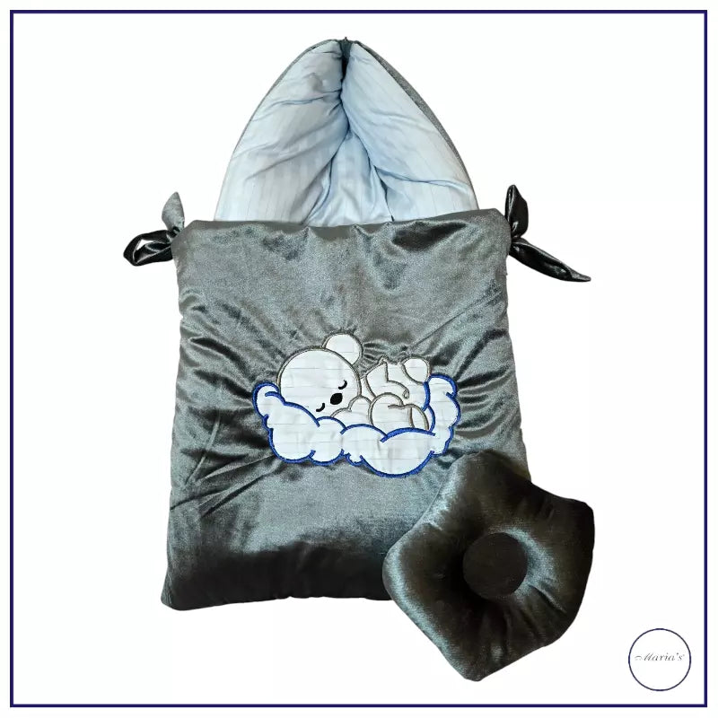 Velvet Hooded Carry Nest with Plain Cotton Satin With Teddy Bear Applique And Pillow