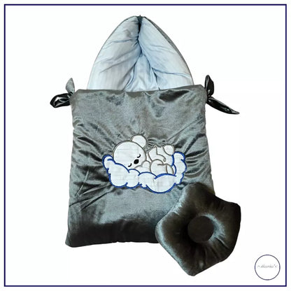 Velvet Hooded Carry Nest with Plain Cotton Satin With Teddy Bear Applique And Pillow
