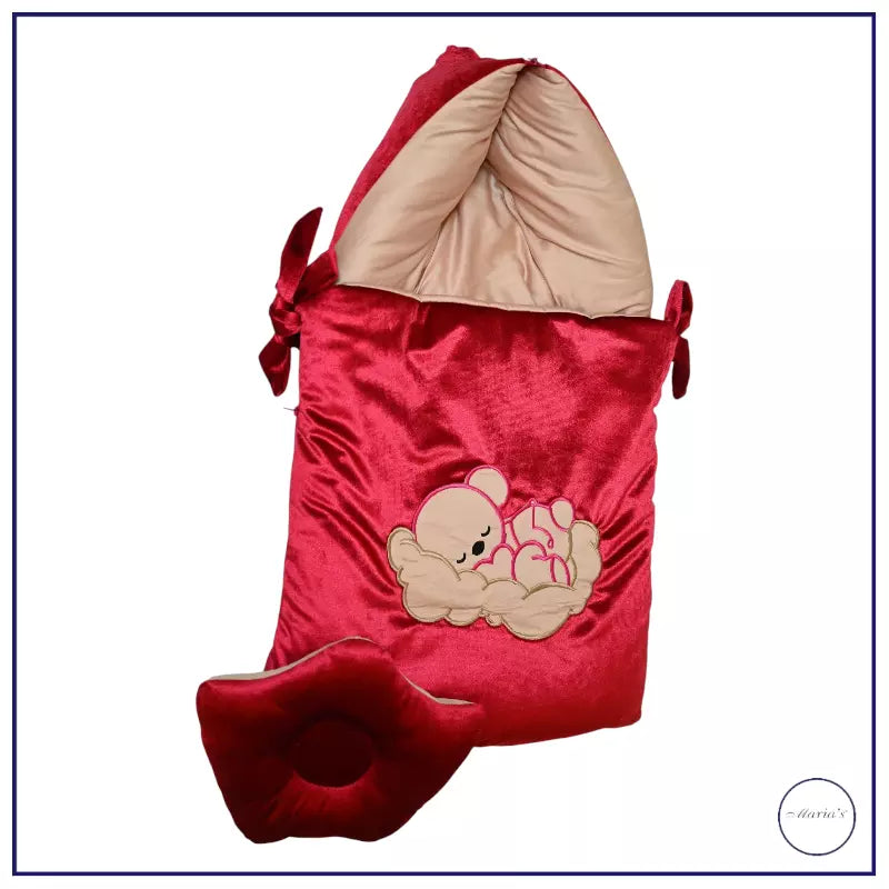 Velvet Hooded Carry Nest with Plain Cotton Satin With Teddy Bear Applique And Pillow