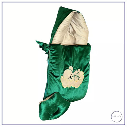 Velvet Hooded Carry Nest with Plain Cotton Satin With Teddy Bear Applique And Pillow